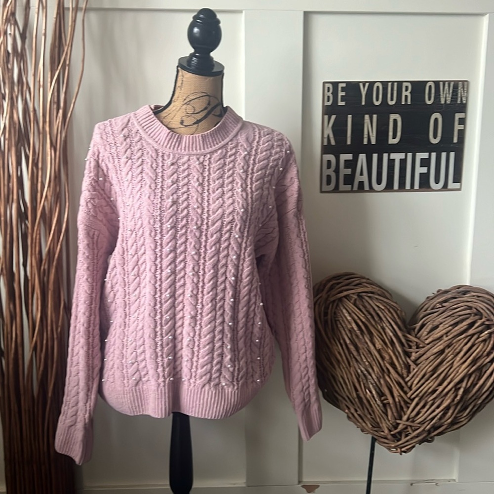 Cynthia Rowley Pink Chenille Sweater With Faux Pearl Embellishment.